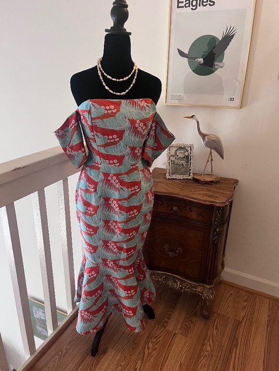 ASOS Petite Dresses & Skirts - ASOS Tropical Leaf Jacquard Off Shoulder Mermaid Midi Dress Coral Turqoise Sz 4